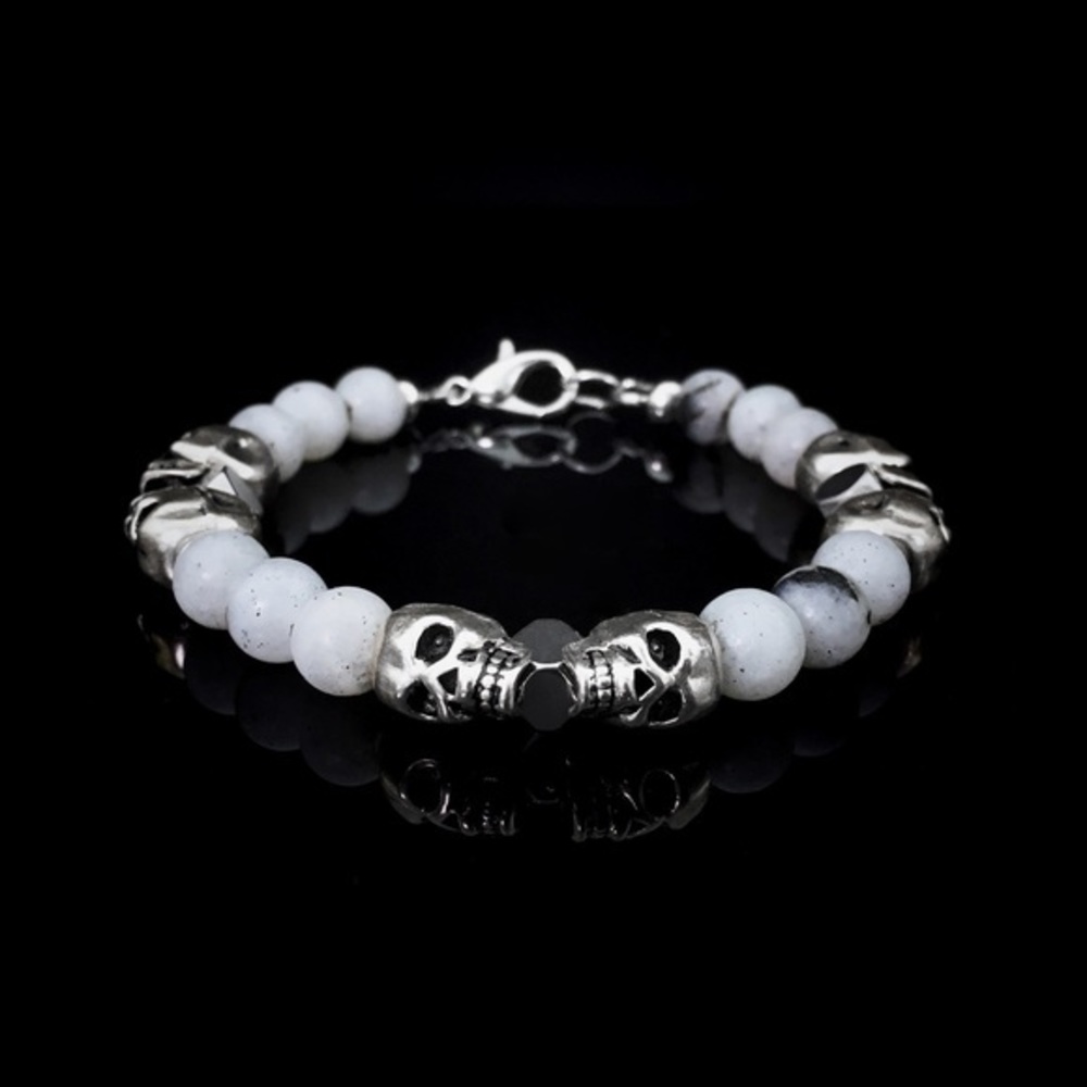 💀Silver Skull Labradorite & Hematite Men’s Beaded Bracelet Handmade Jewelry 8mm
